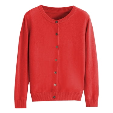 Hontri Women's Cardigans Lightweight Deals under $15, Womens Basic Crew Neck Long Sleeve Button Down Cardigan Red M