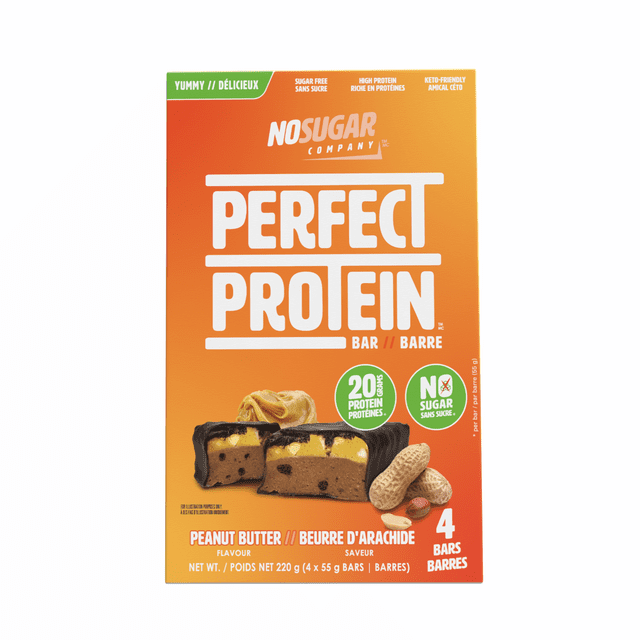 No Sugar, Perfect Protein Peanut Butter Snack Bars, 55 g, 4 Count box with orange gradient packaging showing two chocolate-coated protein bars with peanut butter filling and peanuts, highlighting 20 grams of protein, zero sugar, keto-friendly and diabetic-safe ingredients, suitable for a balanced energy boost.