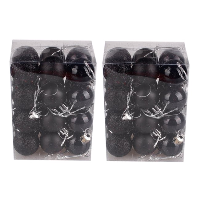 LSLJS Decorative Balls, 48Pc 30mm Christmas Tree Ball Bauble Hanging Home Party Ornament Decor. The image displays two clear boxes, each containing 24 black baubles with a mix of matte, glossy, and glitter finishes. These 30mm ornaments are crafted from durable plastic and include silver hanging loops for easy decoration. Ideal for Christmas trees, parties, and festive displays in homes, hotels, and commercial spaces.