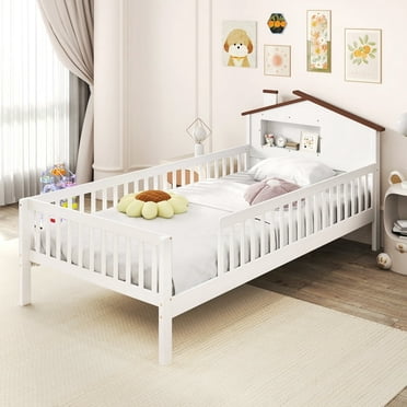 Gymax Lit pour Enfants Format Simple Lit Plateforme en Bois Massif avec Rangement sous le Lit et Cube de Rangement Blanc