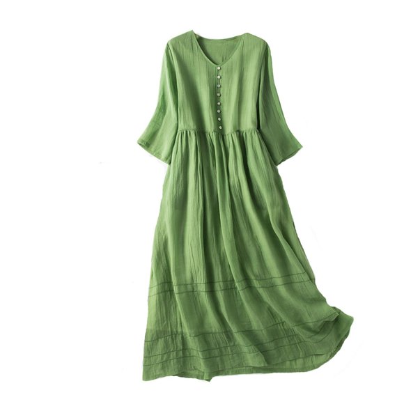 Meichang Linen Summer Dresses for Women Vintage 3/4 Sleeve V Neck Button A-Line Sundress Casual Pleated Flowy Midi Dress Solid Loose Fit Beach Vacation Dresses
