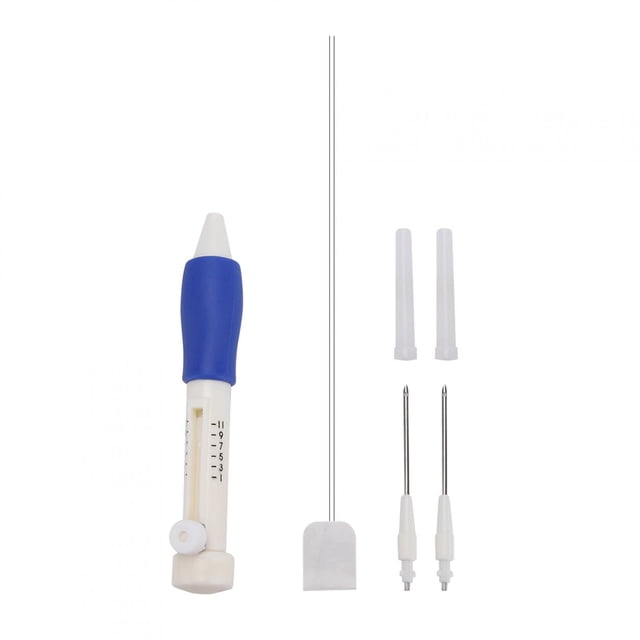 Ensemble de stylos à broder pour travaux manuels, comprenant un stylo de broderie en plastique ABS durable avec une poignée ergonomique antidérapante bleue et blanche. L'ensemble inclut trois aiguilles remplaçables de différentes tailles (1,3 mm, 1,6 mm, 2,2 mm de diamètre) et des capuchons de protection. Idéal pour les amateurs de broderie ou les débutants, parfait pour créer des motifs personnalisés.