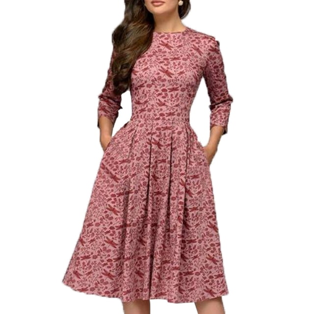 Robe d'Été Vintage pour Femme, Ligne A, Élégante, Imprimé Floral, Taille Haute, Manches Longues, Robe Soleil, Col Rond, Soirée, Grande Taille