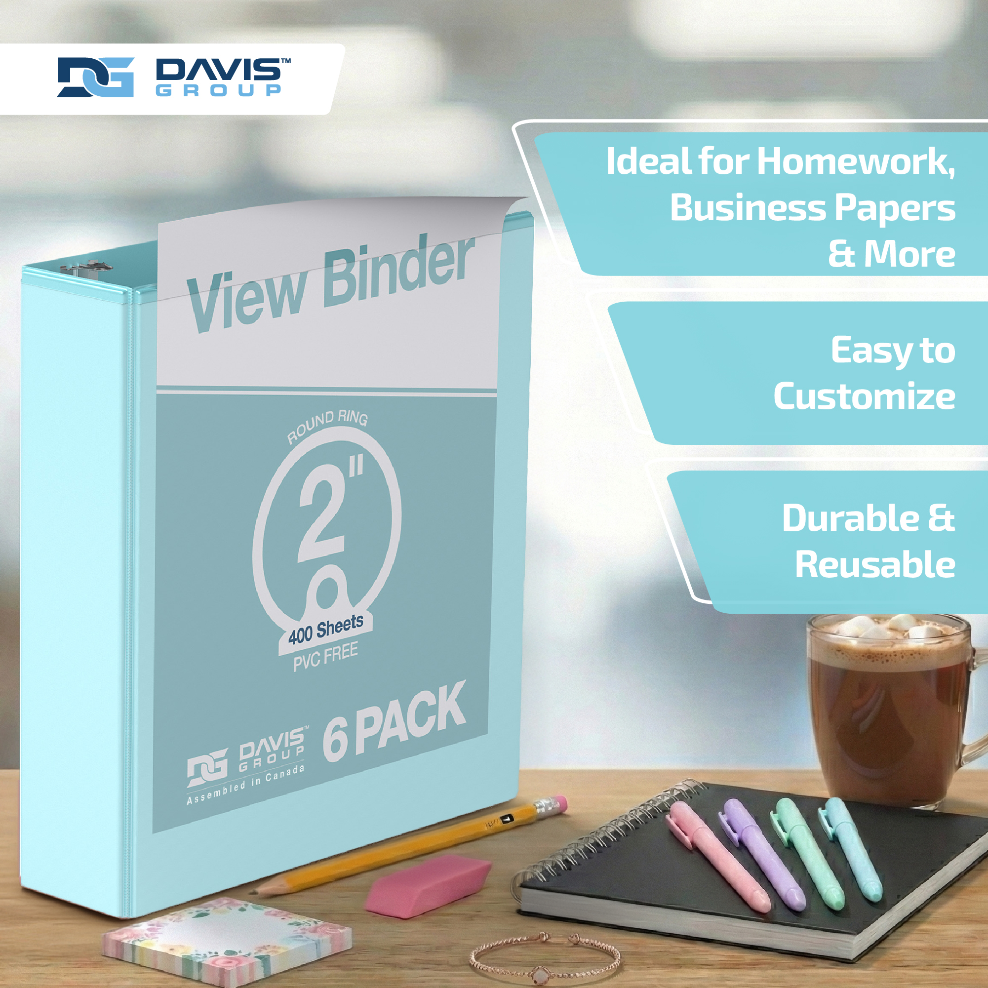 Davis Group Economy 3-Ring View Binders, 2" Round Rings, 475 Capacity, Aqua, Pack of 6