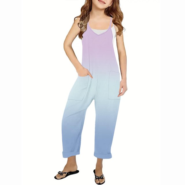 RXIRUCGD Girls Casual Jumpsuits Gradient Print Sleeveless Summer Rompers Long Pants With Pockets For 5-14 Years( Purple, Size:7 Years )