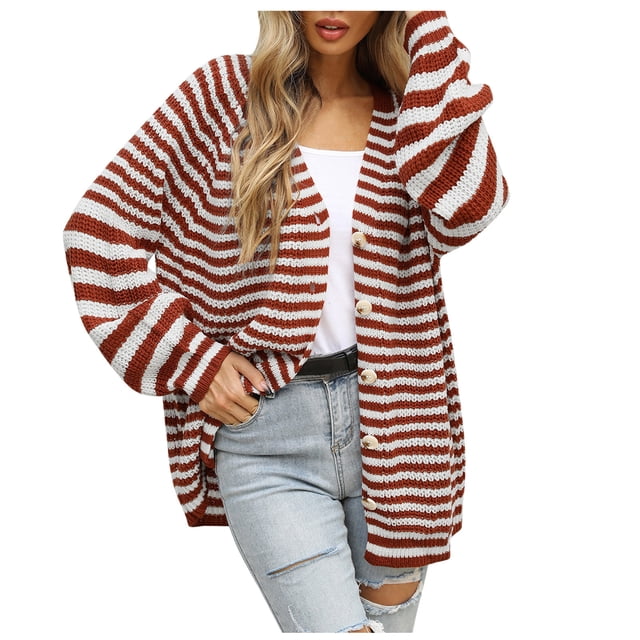 Women's Color Block Rib Knit V-Neck Button Down Cardigan Long Sleeve Slim Fit Casual Sweater Coat