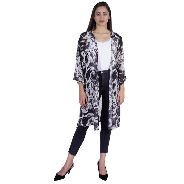 Moomaya Long Sheer Shrug Printed Open Front Beach Coverup Summer Cardigan