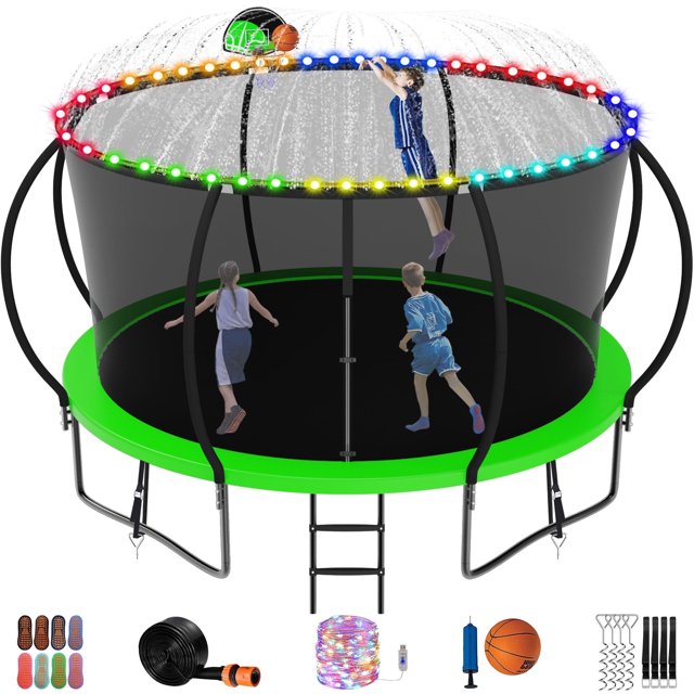Jump Into Fun Trampoline 12FT, 1200LBS Trampoline for Kids and Adults with Enclosure, Basketball Hoop, Wind Stakes, LED light, Sprinkler and Socks, Outdoor Galvanized Full Spray Round Trampoline
