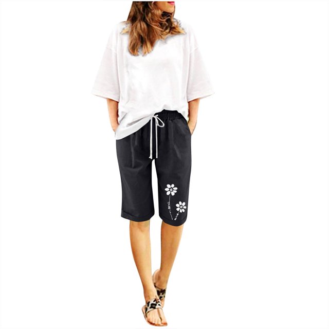 Capri Pantalon pour Femmes Été Décontracté Ample en Coton et Lin Shorts Pantalon à Cordon Longueur Genou Pantalon avec Poches