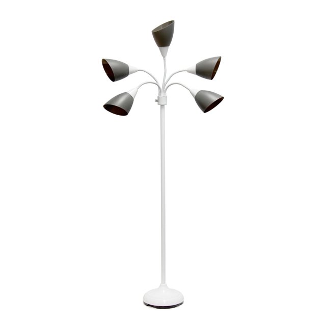 Simple Designs Lampe sur Pied à Col de Cygne Réglable à 5 Lumières avec une base en Métal Blanche et Cinq Bras à Col de Cygne Flexibles Se Terminant Chacun par un Abat-Jour Incliné en Plastique Noir, Conçue pour un Éclairage Multidirectionnel et Adaptée à l'Éclairage de Tâche Ou d'Ambiance à la Maison Ou au Bureau.