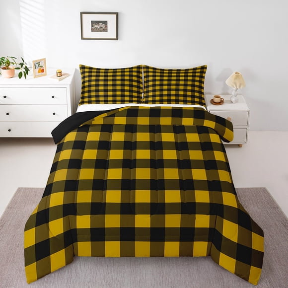 Erosebridal Yellow Plaid Bedding King Comforter Set,Geometric Buffalo Comforter Sets King Size,Checkered Room Decorative,Reversible,Microfiber,3 Pieces