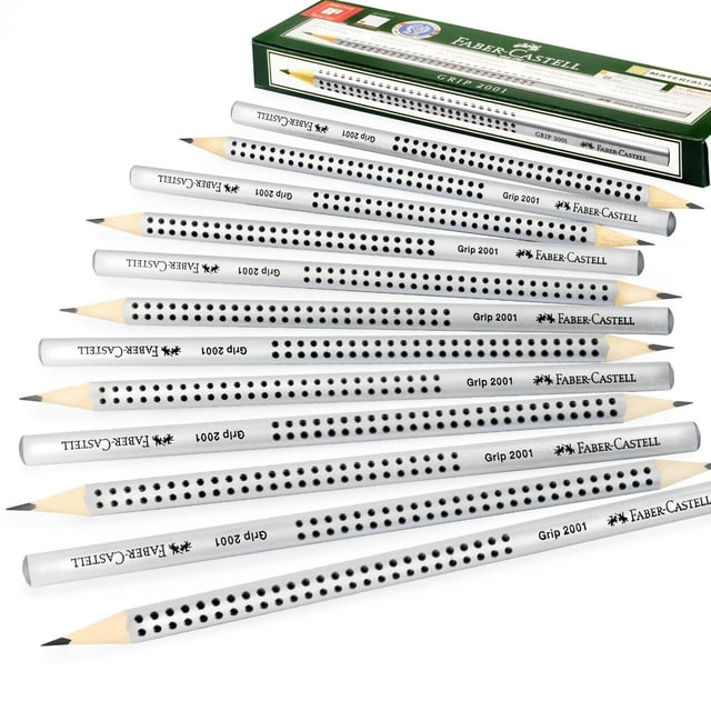 Faber-Castell Grip 2001 Triangular Graphite Pencils - 2B - Pack of 12 arranged in a fan layout. The pencils feature a silver triangular barrel with a patented grip zone of black dots for slip resistance and fatigue-free writing. Designed for home, school, or office use, these wooden pencils are break-resistant, easy to sharpen, and coated with an environmentally safe water-based finish. A branded green box is visible in the background.