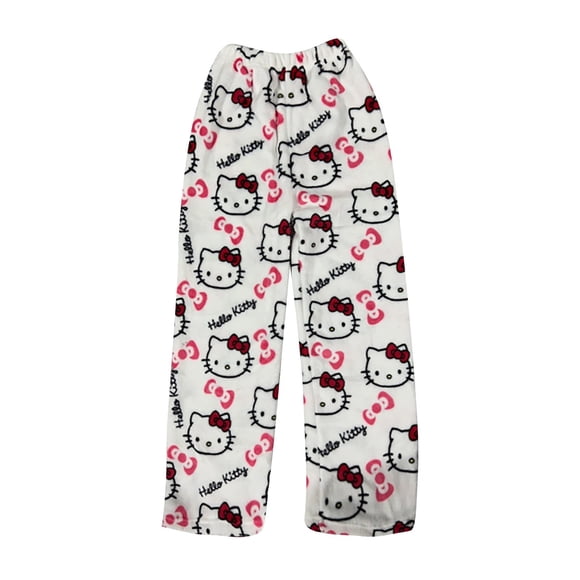Sanrio Hello Kitty Pajamas Pants for Womens,Cartoon Pajama Pants for Women,Kawaii Sleep Pants Anime Cat Print Flannel Pajama Pants Warm Home Casual Pants,White M