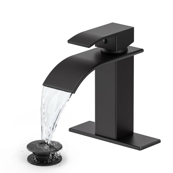 FEELSO Waterfall Bathroom Faucet, Single Handle for 1 or 3 Hole, with Pop-Up Drain, Modern Black Finish for RV/Camper