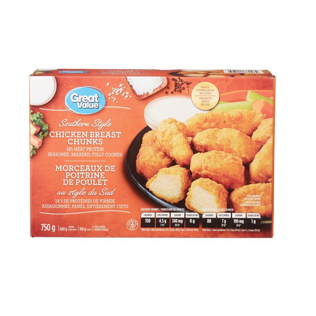 Great Value Frozen Southern Style Chicken Breast Chunks with Ranch Dipping Sauce in a 750g box showing seasoned, breaded, fully cooked chicken breast chunks on a black plate with a bowl of creamy ranch dipping sauce and vegetable sticks, featuring bilingual English-French text and nutrition facts, suitable for quick family meals.