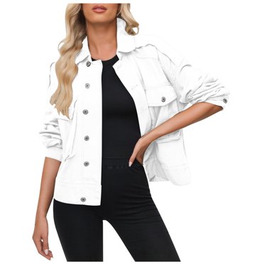 Women's Denim Jean Jackets Women's 2024 Fashion Short Button Workwear Denim Jacket Coat Long Sleeve Hoodless Denim Coat/Jacket S-149 White XL