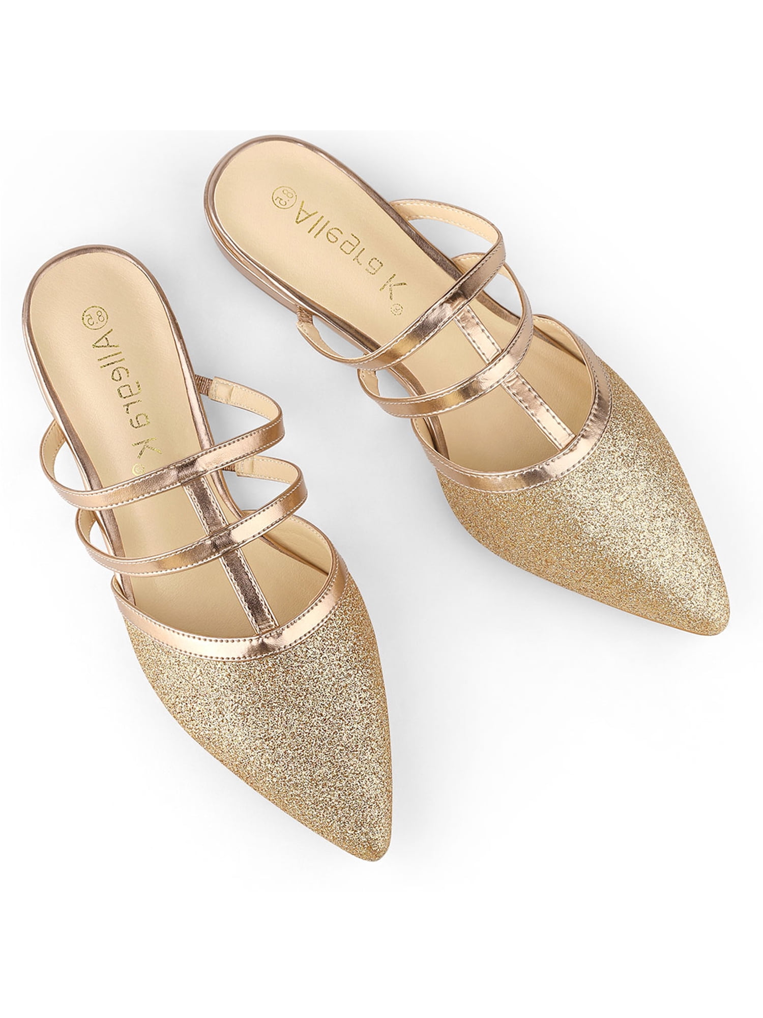 BLISSFUL STEP Women's Glitter Pointy Toe Flats Mules