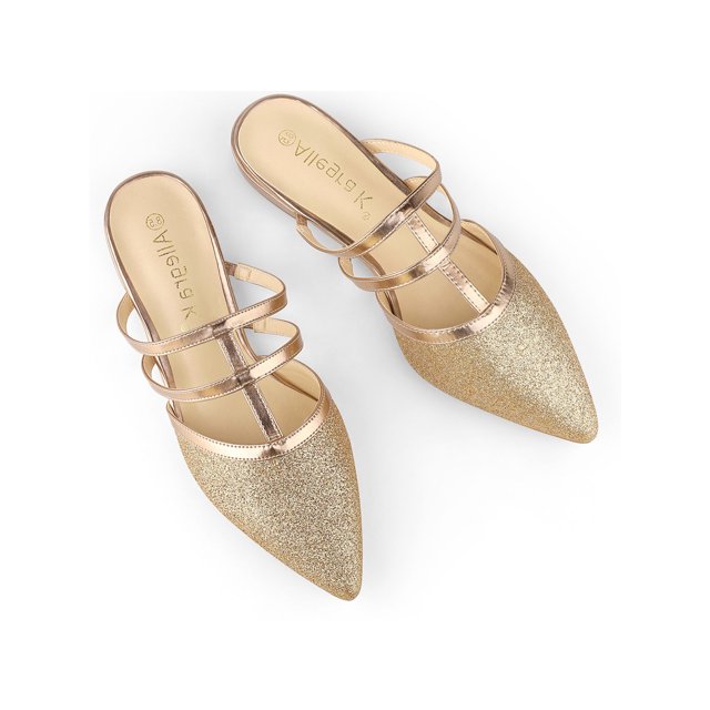 BLISSFUL STEP Women's Glitter Pointy Toe Flats Mules