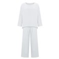 thumbnail image 4 of IROINID Liquidation T-Shirts à Manches Longues pour Femmes Tenues de Détente 2 Pcs Hauts en Coton Lin Pantalons Longs Skinny Col Rond Ensembles, Blanc, 4 of 5