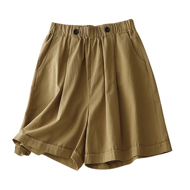 Timegard Shorts for Women Cotton Linen Elastic Waist Button Wide Leg Ruched Causal Loose Shorts Summer