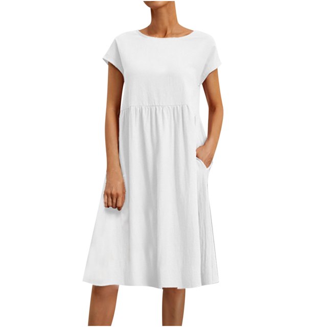 RKSTN Robes d'Été pour Femmes 2023 Décontractées en Coton et Lin Couleur Unie Longueur Genou Jupes Col Rond Manches Courtes Robe Midi avec Poches