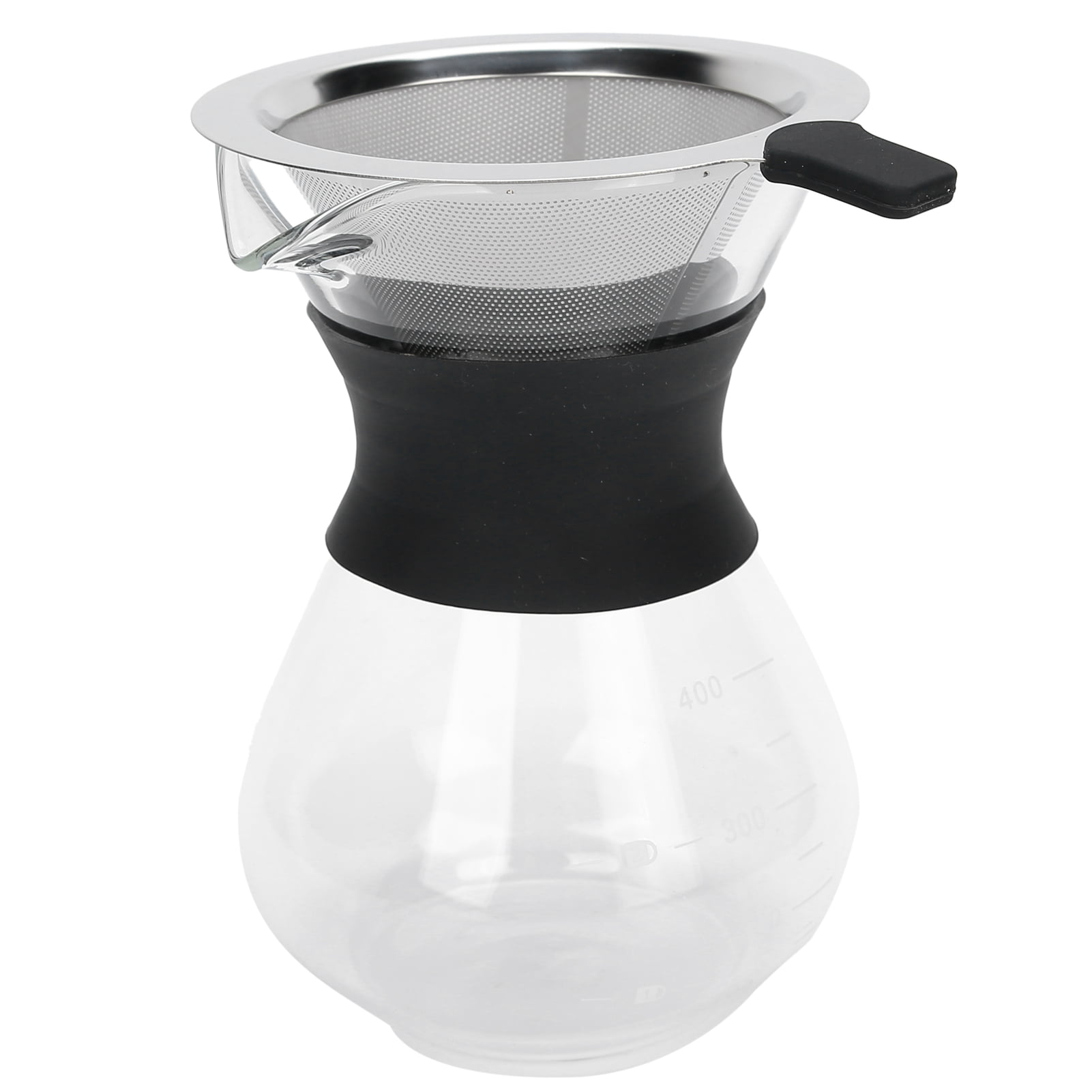 Stainless Steel Filter Pour Over Coffee Maker Set, Borosilicate Glass Manual Drip Pot with Silicone Drip Port and Reusable Mesh Filter, Coffee Accessory for Coffee Lovers