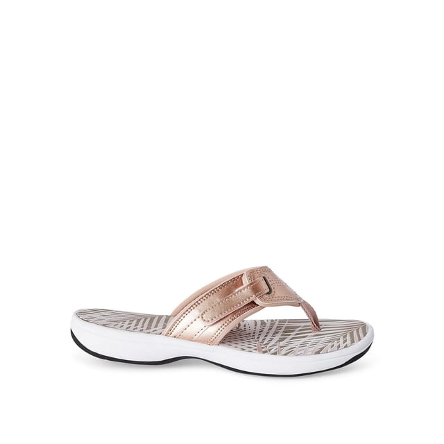 Time and Tru Women's Michelle Sandals with rose gold faux leather wide thong strap and Velcro closure, open toe, printed leaf-pattern footbed, and white rubber outsole with black tread, shown in side profile on white background, suitable for casual wear or walking.
