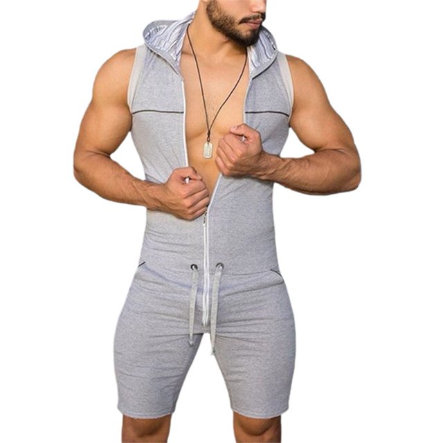 Men´s One Piece Tight Fitness Jumpsuit Zipper Sleeveless Hooded Rompers Pants with Pockets