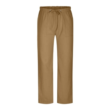 RKSTN Pants for Men Solid Color Casual Elastic Waist Trousers Cotton and Linen Loose Drawstring Pants with Pockets
