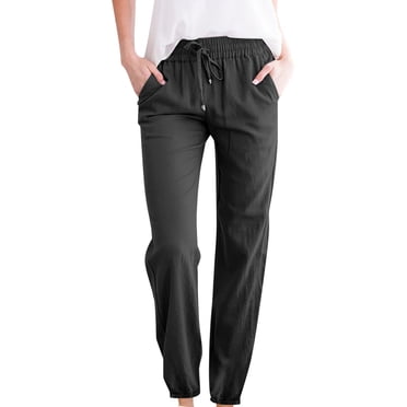 Yuyuzo Women's Cotton And Linen Drawstring Elastic Waist Long Straight Pants with Pockets Ladies Solid Color Lounge Trousers