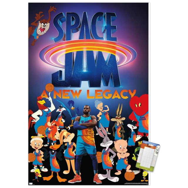 Space Jam : A New Legacy - Affiche Murale d'Équipe, 14,725 Po x 22,375 Po, Montrant des Personnages de Looney Tunes Orientés vers l'Avant et un Joueur de basketball en Uniformes d'Équipe avec des Mélodies Bleues et orange, avec un Anneau orange Lumineux Autour du Grand Titre Bleu « Space Jam » sur un Fond Dégradé Violet, Imprimée sur Papier d'Art photo Brillant pour Rehausser des Couleurs Vibrantes, Convient pour Décorer des Chambres, des Bureaux Ou des Résidences