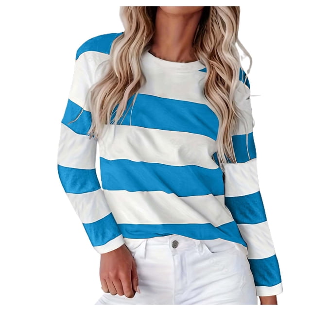 WEIYLL T-Shirts Chemises pour Femmes Manches Longues Rayé Col Rond à Blocs de Couleur Blouse Bleu Clair Tailles TG