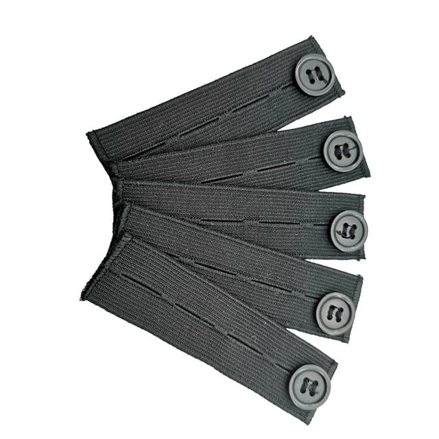 Comfortable Maternity Pants Extender Pant Button Extenders Waistband Clothes Extension Washable Jeans Accessory in black. The extender features a practical design with buttons and holes for adjustable waist expansion, suitable for pants, jeans, and trousers. Made of durable cloth material, it measures approximately 8.3×2.5cm (3.26×0.98 inches) and is ideal for pregnant women or anyone needing extra waist room. The image shows multiple black extenders with button closures arranged in a fan-like layout.