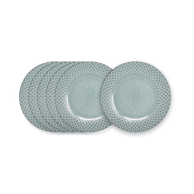 Hometrends Isabella Salad Plate - 6 Pack with six 7.5-inch round plates in light blue featuring a textured surface and white wavy rim pattern, microwave and dishwasher safe, ideal for salads, small dishes, or serving appetizers.