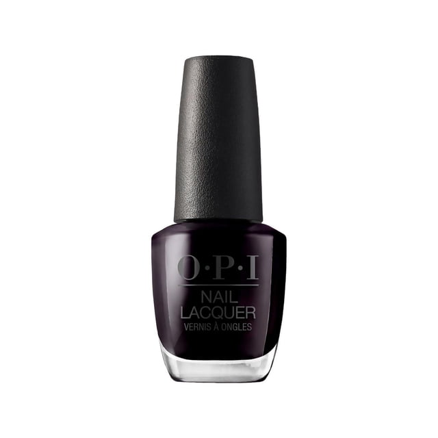 OPI Nail Lacquer bottle in a near-black purple shade with a textured black cap, offering fast drying and up to 7 days of wear, perfect for weekly manicure updates and nail care routines, also suitable for creative nail art applications.