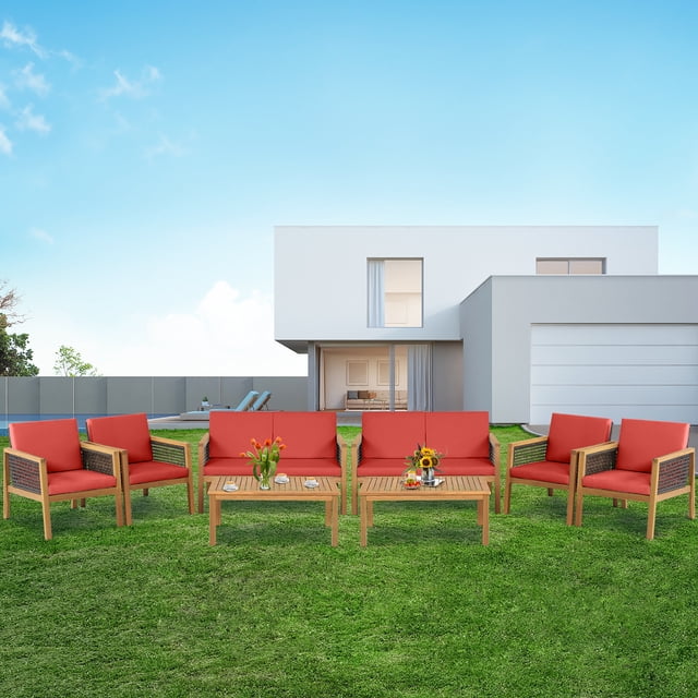 Gymax 8PCS Patio Acacia Wood Furniture Set PE Rattan Conversation Set w/ Red Cushions