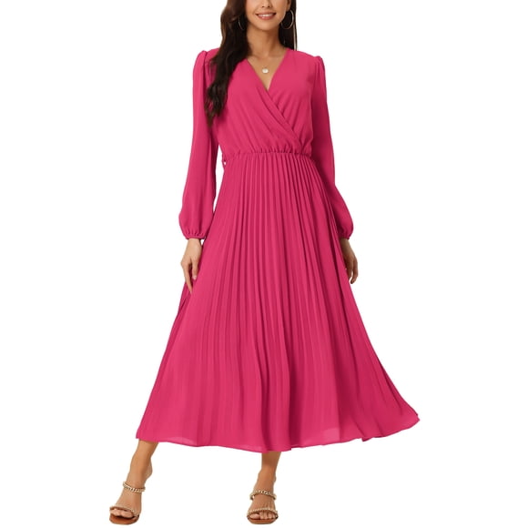 INSPIRE CHIC Women's Pleated Dress Puff Long Sleeve V Neck Belt Waist Dress XL Hot Pink