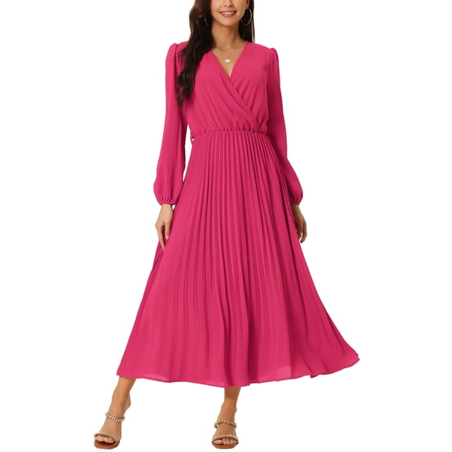 Robe Plissée CHIC pour Femme, Manches Longues Bouffantes, Col en V, Ceinture à la Taille, G Rose Vif, Vue Orientée vers l'Avant d'Une Robe Portefeuille midi Plissée Rose Vif avec de Longues Manches Bouffantes, Corsage Portefeuille à Col en V, Ceinture empire à Nouer et Jupe Trapèze Plissée à Volants sur un mannequin sur Fond Blanc; Utilisée Souvent pour le Bal, les Fêtes à Thème et le cosplay.