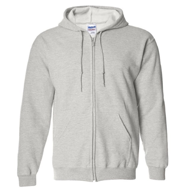 Gildan Heavy Blend Adult Full Zip Hooded Sweatshirt Top in light grey. Made from 50% cotton and 50% polyester with a midweight fleece fabric. Features a drawstring hood, ribbed elasticated cuffs and hem, and two side pockets. Designed with a classic fit and pilling-resistant fabric technology. Suitable for casual wear or layering in colder weather.