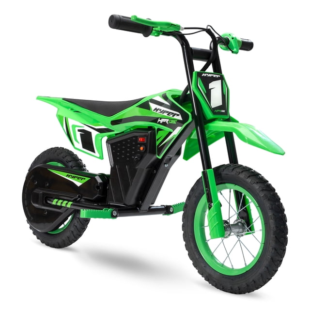 12V Hyper HPR125 Electric Motorcycle in green with black and white graphics, featuring a sturdy steel frame, knobby dirt bike tires, adjustable handlebars, and a single-speed twist-grip accelerator, ideal for outdoor play and powered ride-ons for kids aged 5 to 13 years.