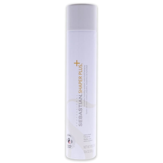 Sebastian Shaper Plus, 10.6-oz hairspray in a sleek white cylindrical bottle with gold and grey text. Designed for extra strong hold and humidity resistance, it provides brushable body and shine without stickiness. Ideal for travel or daily use.
