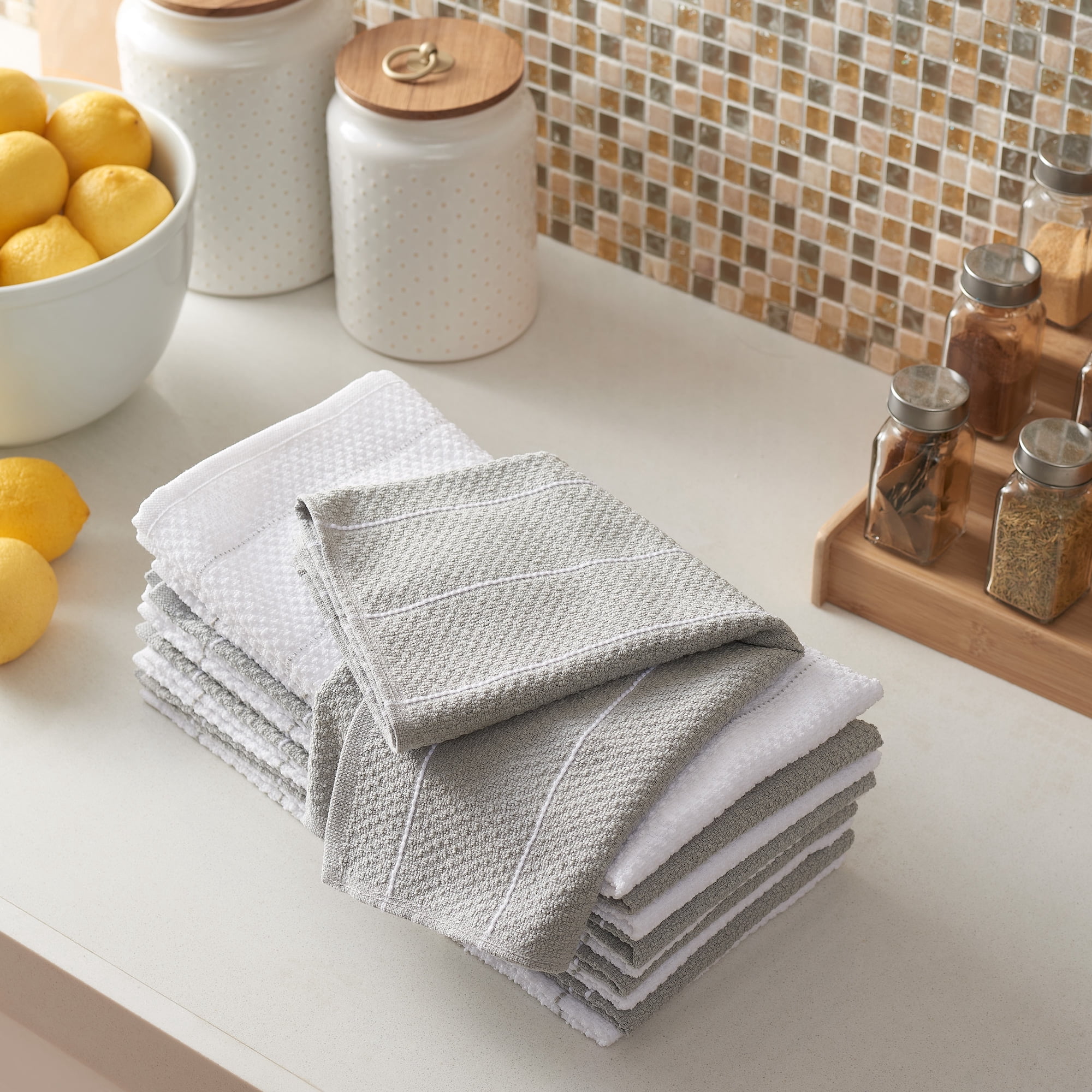 Mainstays Dobby Rice Weave Kitchen Towels, 15"x25", Set of 10, Soft Silver