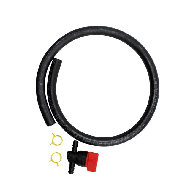 Atlas Soupape d'Arrêt de Carburant avec Valve en Plastique Noire à 90 Degrés et Poignée de Levier Rouge, Deux Pinces Jaunes et un Tuyau de Conduite de Carburant Noir Enroulé de 1/4 Po (6,4 mm), Conçue pour les Carburants à Base de Pétrole et les Réparations du Système de Carburant Automobile.