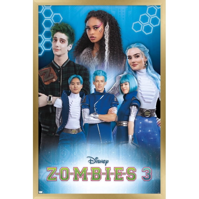 Disney Zombies 3 - Affiche Murale de Groupe avec Épingles, 22,375 Po x 34 Po Présentant six Personnages en costumes Futuristes Bleus et Argentés avec Manchons de Bras Métalliques et Ceintures, sur Fond Bleu avec Motifs Hexagonaux, Dont un avec des Cheveux Verts dans une Veste à Carreaux et un avec de Longs Cheveux Bouclés et un Col en Fourrure, avec le logo Disney Zombies 3 en Bas.