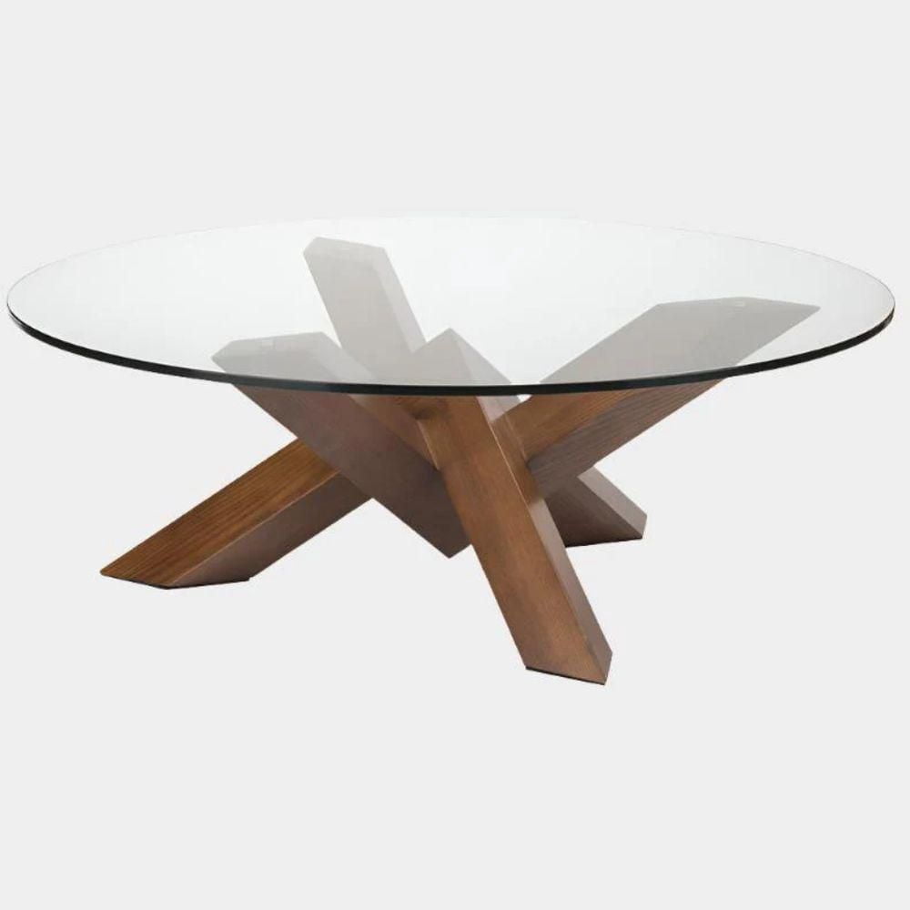 Table basse en noyer avec plateau en verre trempé transparent