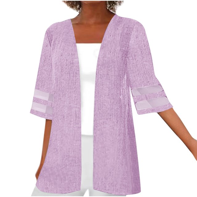Meichang Summer Cardigans for Women 3/4 Sleeve Mesh Patchwork Kimono Cardigans Solid Lightweight Open Front Cardigans Plus Size Loose Beach Wear Cover Ups
