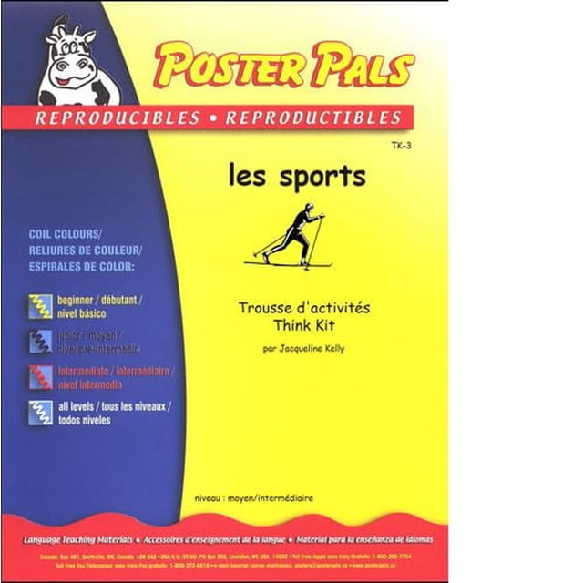 The Fsl Classroom Les Sports French Reproducible Teaching Activities booklet with a yellow and blue cover, featuring a cartoon cow logo and a black silhouette of a cross-country skier, designed for intermediate French language teaching with sports vocabulary and verbs, suitable for classroom use.