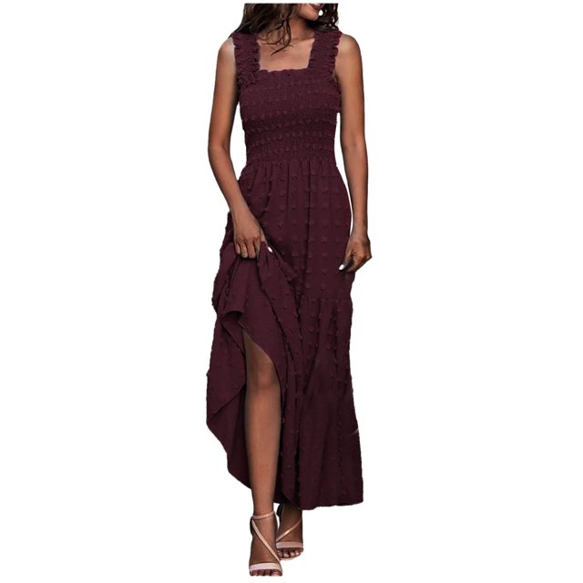 Birdeem Womens Sleeveless Extra Long Solid Shoulder Strap Dot Tank Top A-Line Hem Layered Dress