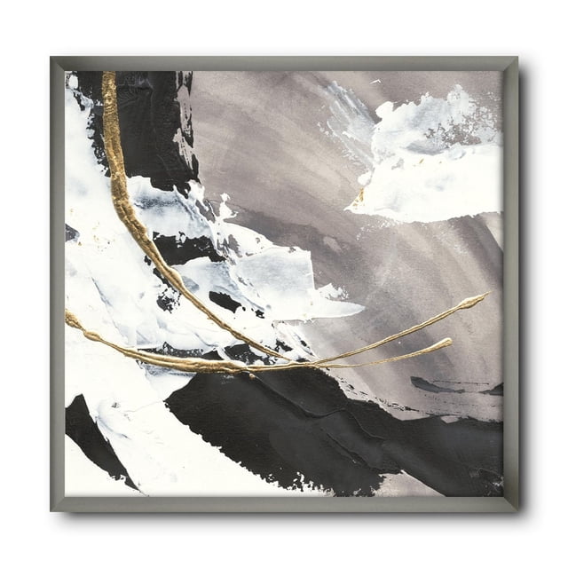 Designart Glam Painted Arcs II Framed Wall Art showing abstract gold arcs over layered black, white, and gray brushstrokes on premium cotton canvas, mounted in a 1.5-inch gray frame, ready to hang with included kit, suitable for modern home décor.