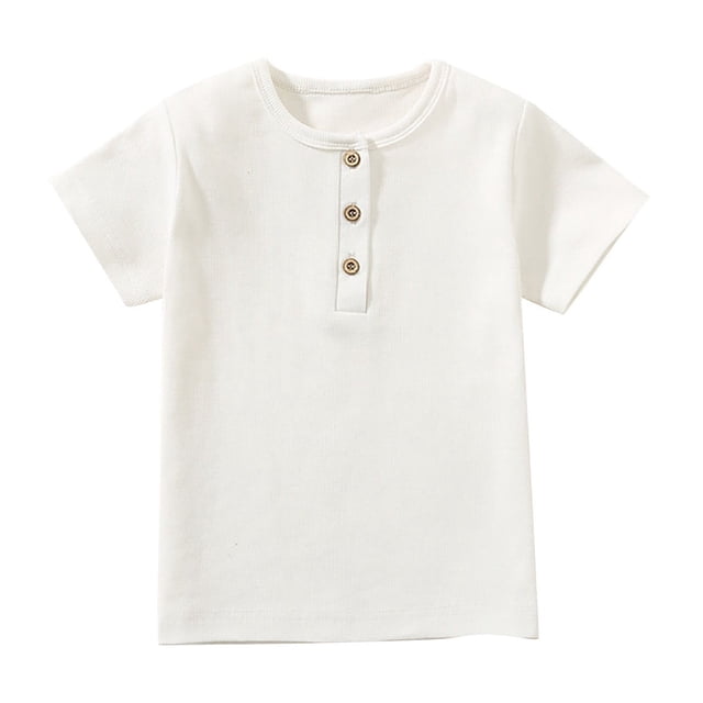 Penkiiy Haut à Manches Courtes pour Enfants Garçons Filles Mode Confortable Couleur Unie Bouton Col Rond 6 Ans Blanc